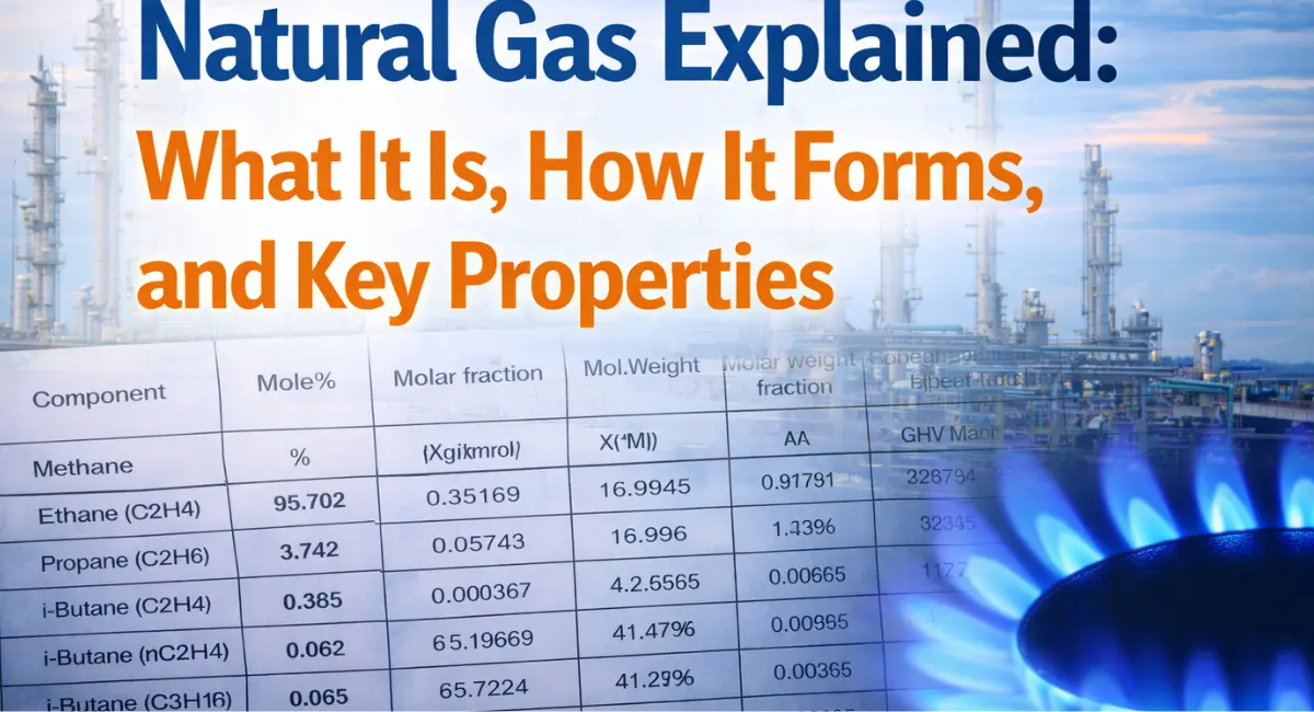 Natural gas explained showing its formation, composition, and key properties with an industrial gas processing background