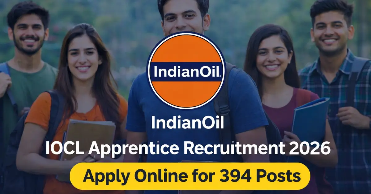 IOCL Apprentice Recruitment 2026 feature image showing smiling youth with IndianOil logo and apply online for 394 posts