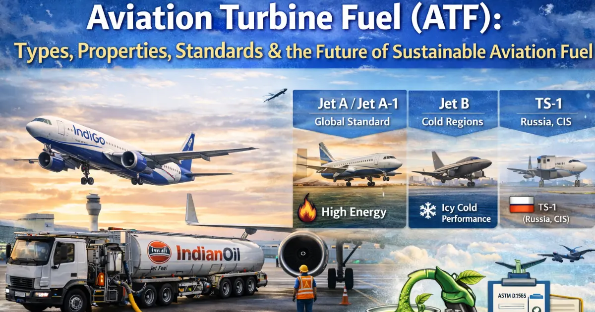 Illustration showing aviation turbine fuel (ATF), a jet aircraft, and the transition toward sustainable aviation fuel (SAF).