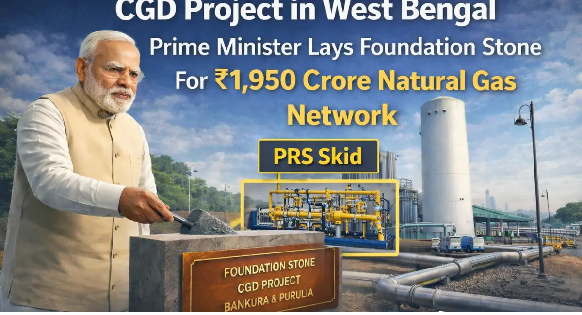 CGD Project in West Bengal showing PRS skid, natural gas pipelines, and foundation stone ceremony