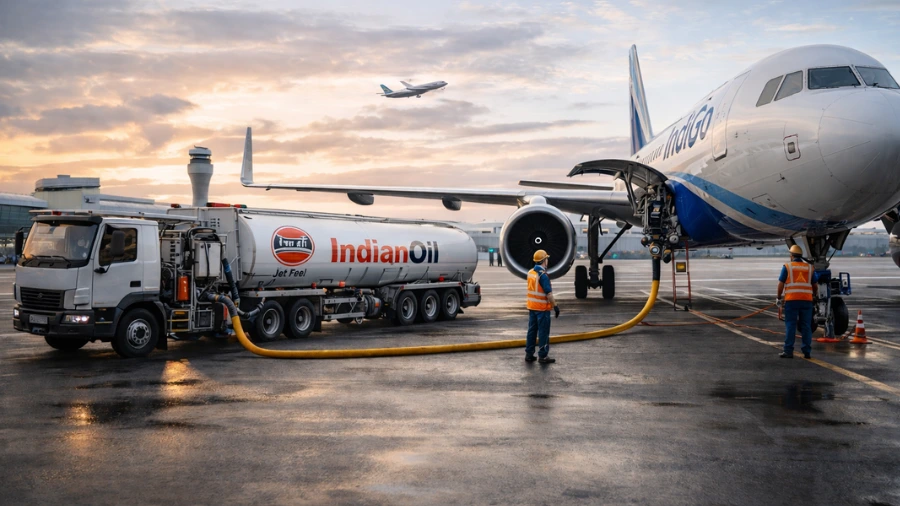 Illustration showing aviation turbine fuel refuelling a commercial aircraft at an airport.