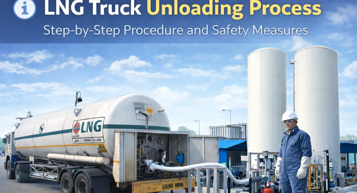 LNG truck unloading process at terminal showing cryogenic transfer operations