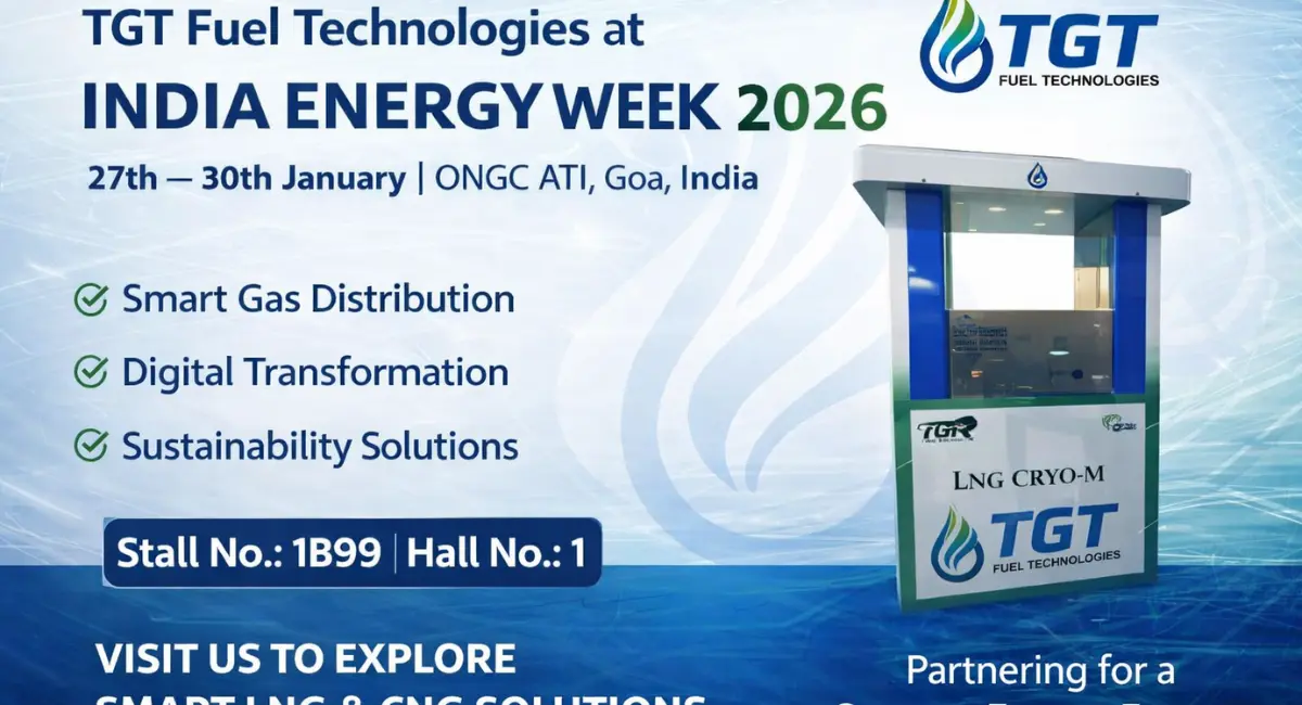 TGT Fuel Technologies stall at India Energy Week 2026 in Goa showcasing smart LNG and CNG solutions, digital transformation, and sustainability technologies