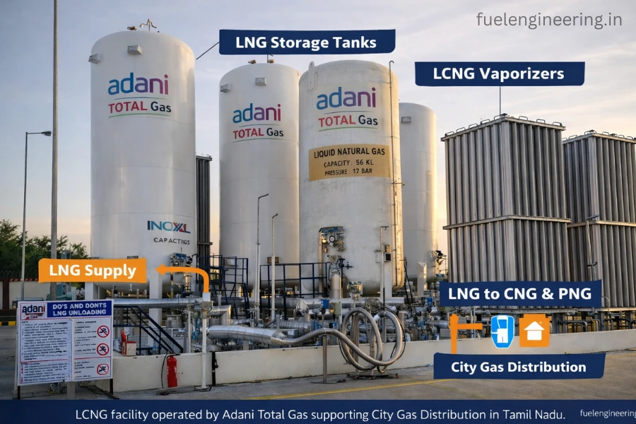 Adani Total Gas LCNG plant in Tamil Nadu supplying LNG for CNG and PNG city gas distribution network