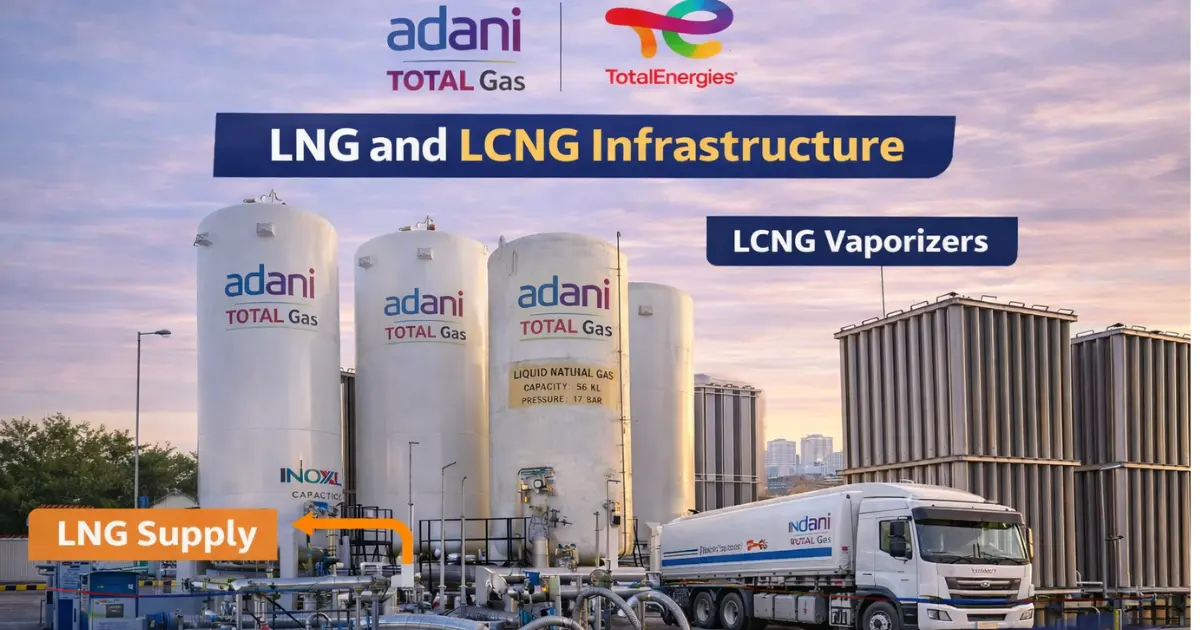 Adani Total Gas LCNG station in Tamil Nadu showing LNG storage tanks, vaporizers and city gas distribution infrastructure