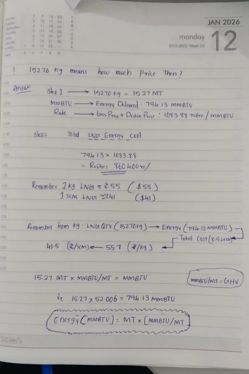 Handwritten LNG truck cost calculation showing conversion from kg to MMBTU and LNG cost per SCM