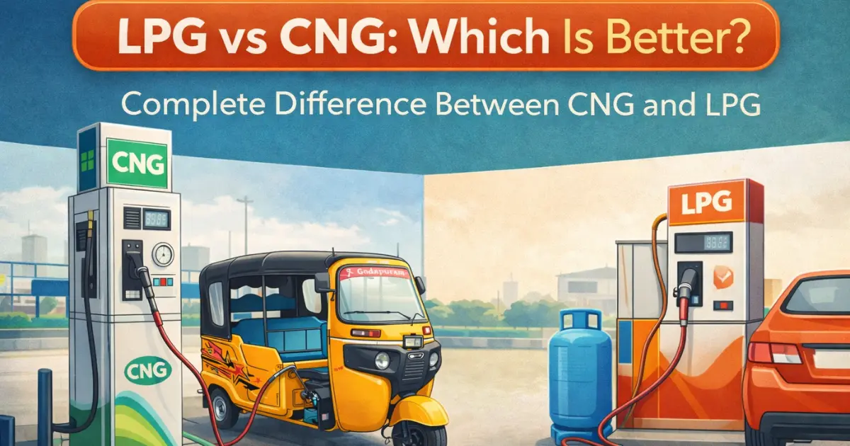 LPG vs CNG comparison image showing CNG auto refuelling and LPG fuel station with key differences between CNG and LPG