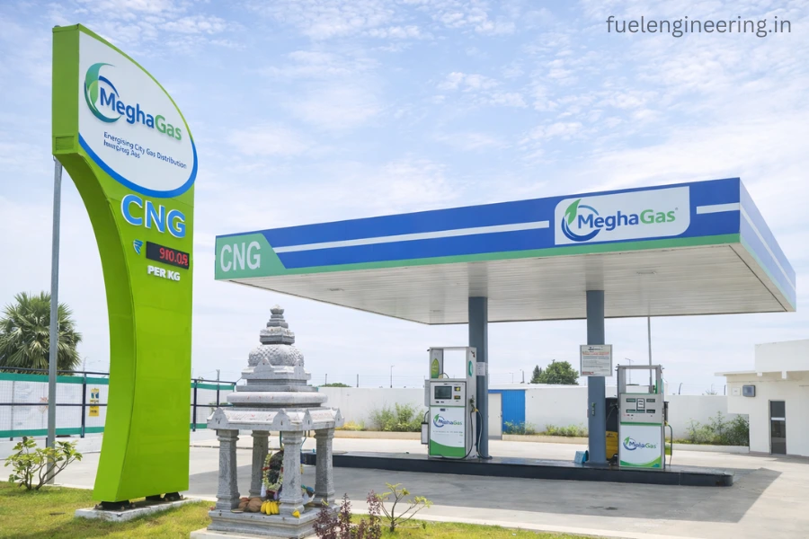 Megha Gas CNG station operated by Megha City Gas Distribution with CNG dispensing unit and canopy infrastructure
