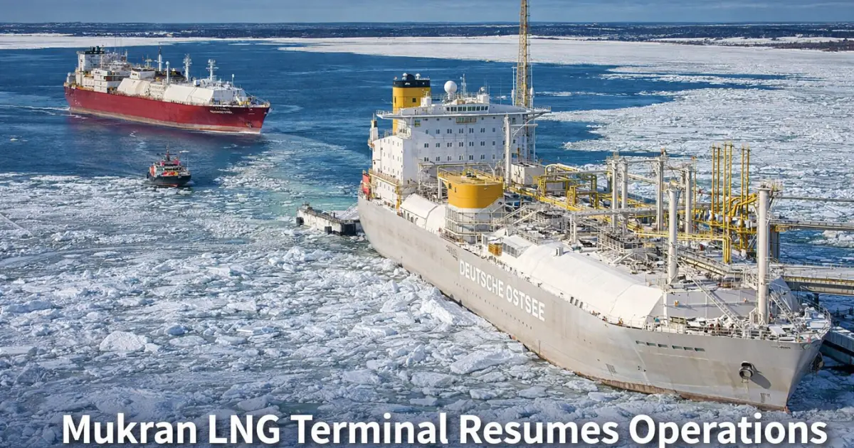 Mukran LNG Terminal in Germany resuming operations after Baltic Sea ice disruption showing FSRU and LNG carriers