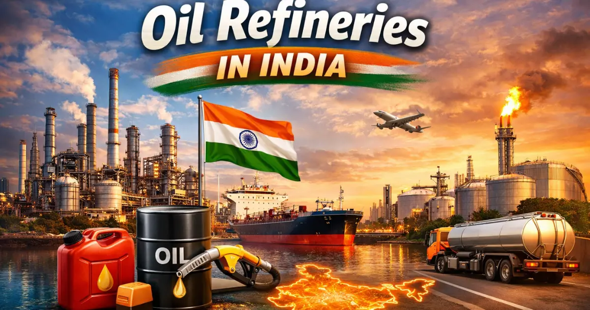 Oil refineries in India showing refinery plant, oil tanker, fuel truck, and India map illustration