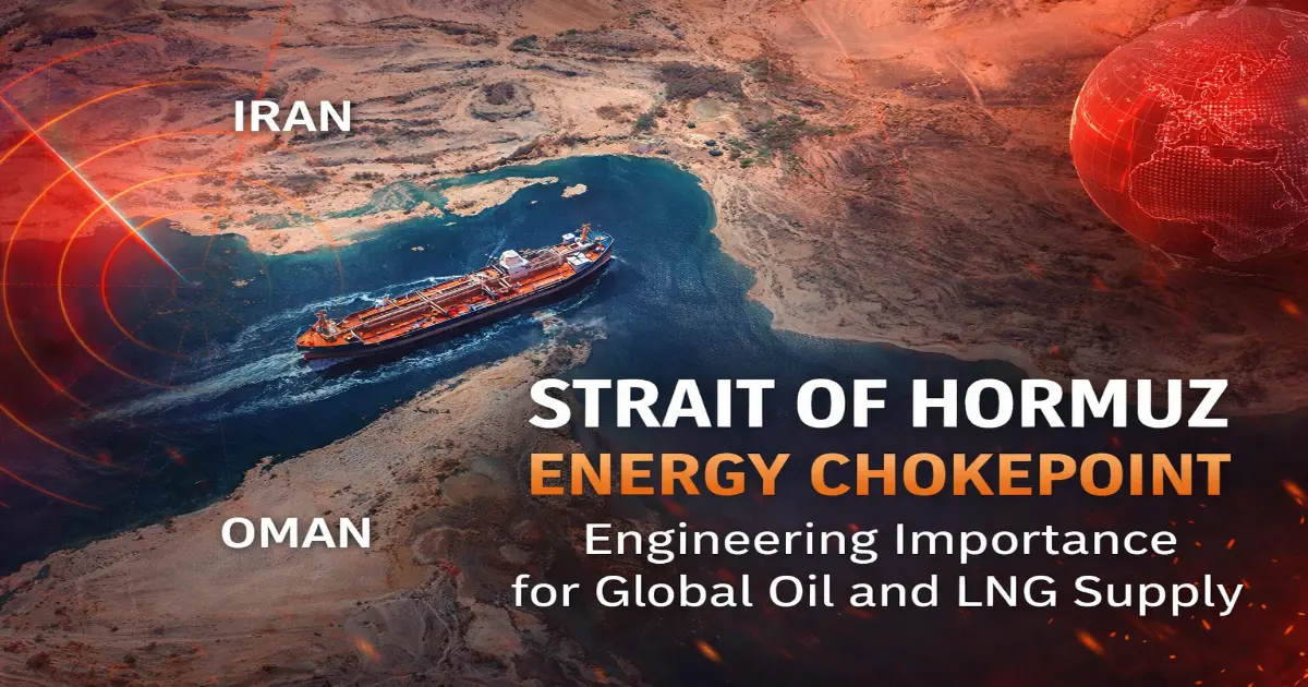 Strait of Hormuz energy chokepoint showing oil tanker route between Iran and Oman affecting global oil and LNG supply